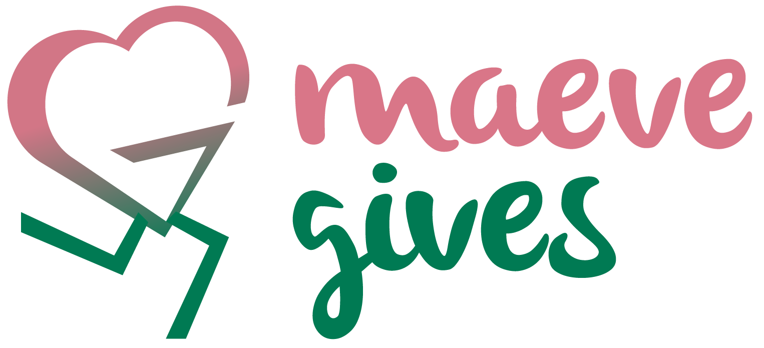 The pink and green Maeve Gives logo featuring a heart on running legs.